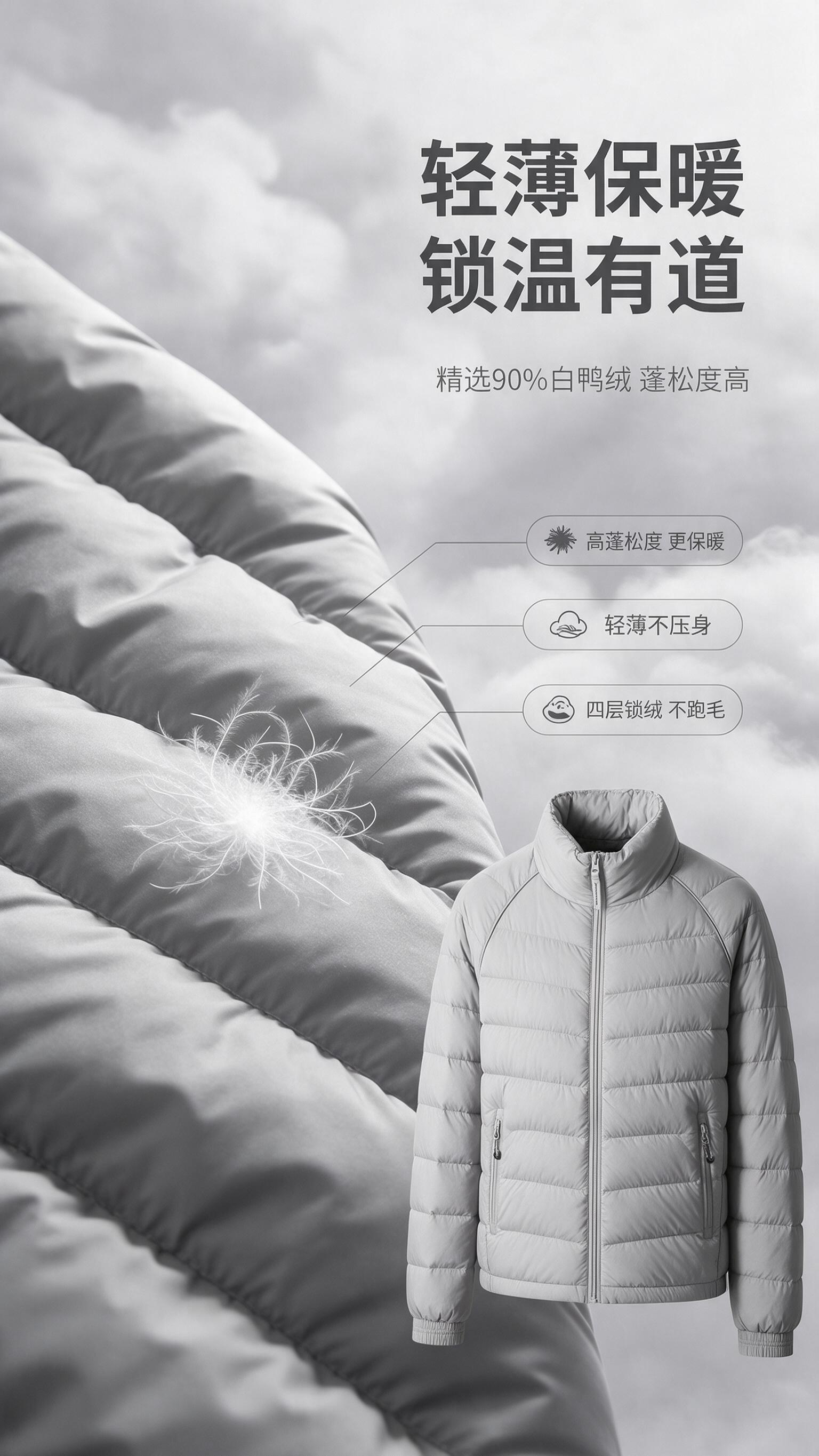 [商品] 使用【图1】浅灰色男士轻薄立领羽绒服；商品处理：保留… - 图片创意预览