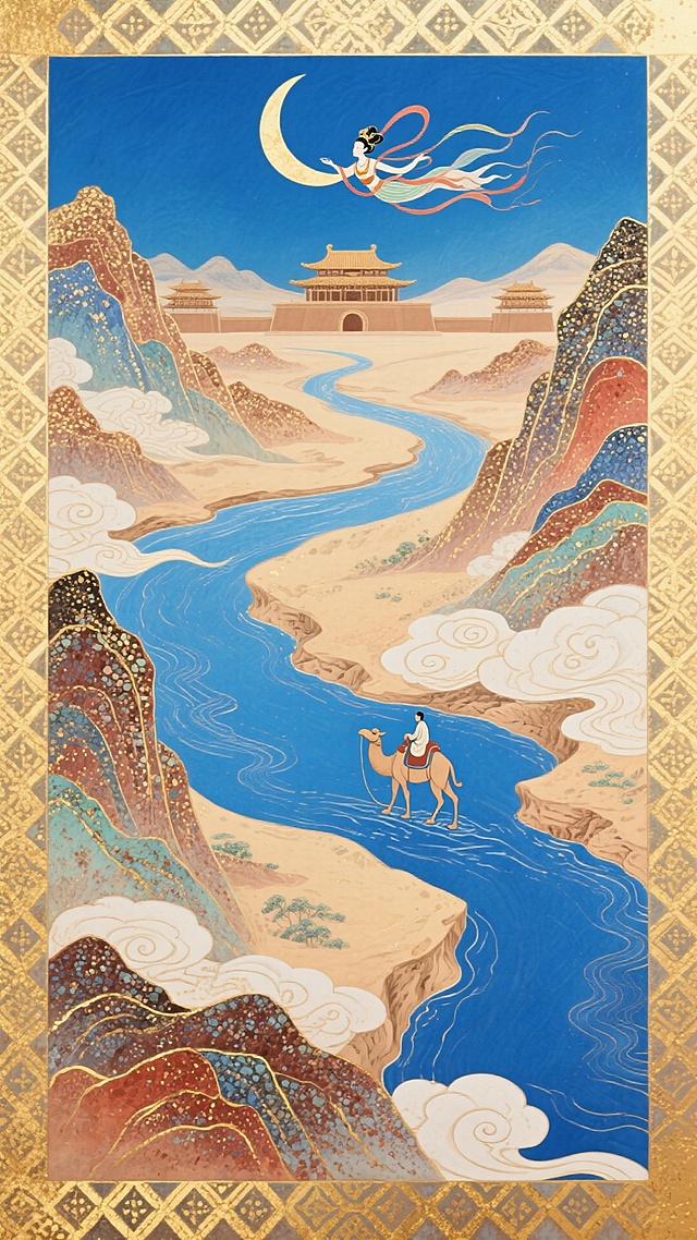 敦煌艺术，以青金石蓝、浅驼金、暖棕红为主色调，塑造蜿蜒如丝带的丝路河道，两侧山峦层叠，融入卷曲云纹 + 几何藻井纹样，远方古建筑（对称布局 + 浅棕配色），单人驼队精准放置于河道黄金分割点，整体营造东方丝路意境，远处天空中嫦娥奔月