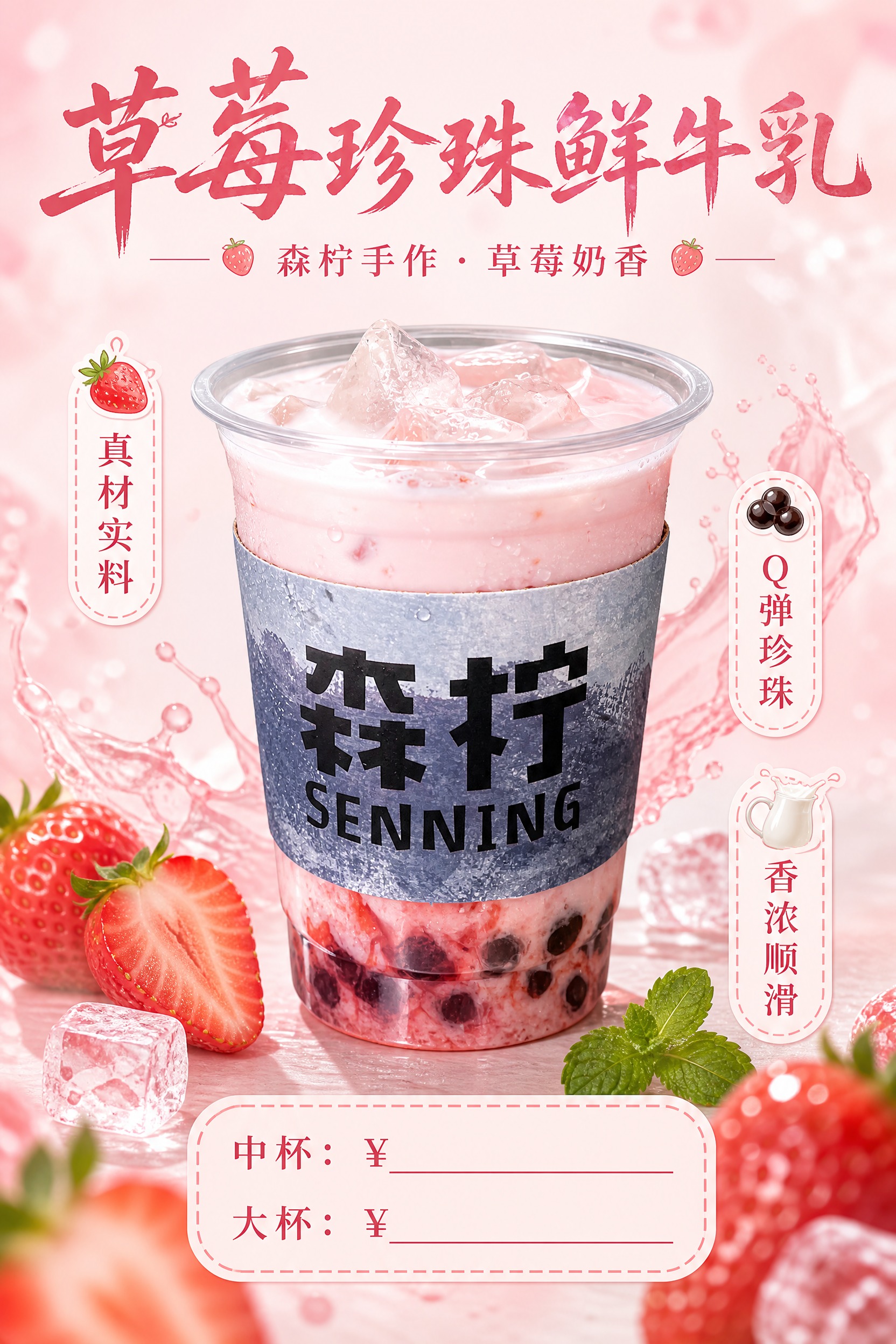 制作一张A4竖版（2:3比例）的草莓珍珠鲜牛乳产品海报，整体风… - 图片创意预览