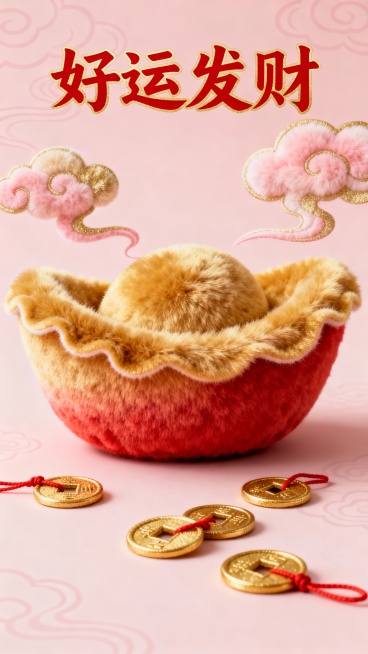 国风简约喜庆风，主体为超大号毛绒元宝（金红渐变，绒毛柔软蓬松，边缘微卷），元宝上方有毛绒祥云（浅粉 + 浅金）飘绕，下方散落 3-5 枚小巧毛绒铜钱（金色，带红绳装饰）；背景为淡粉色国风暗纹（极简祥云预览效果