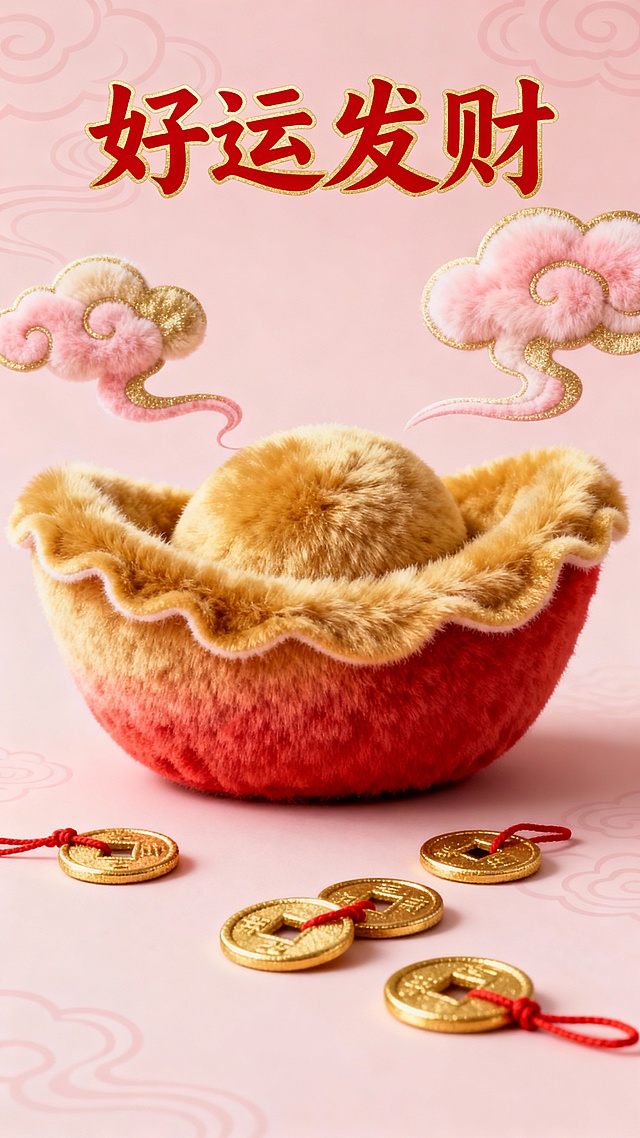 毛绒金元宝搭配刺绣云纹，轻拟物风呈现国潮喜庆感，红金配色呼应中式传统，萌趣金币点缀，传递新年好运发财的可爱祝福。