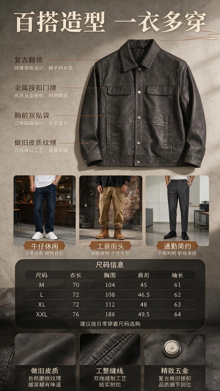 [商品] 使用【图1】深灰色复古做旧翻领PU皮夹克；商品处理：… - 图片创意预览