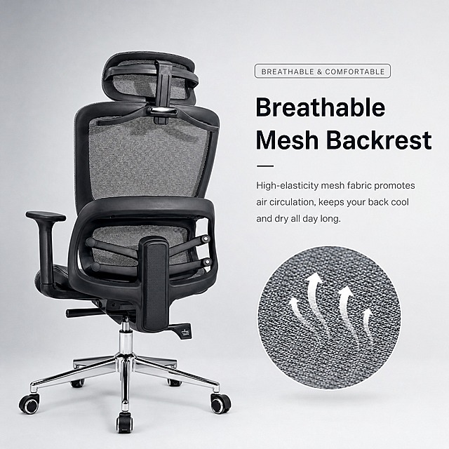 Product feature introduction image for ergonomic office chair, 1:1 square format, clean modern minimalist style, the same ergonomic mesh office chair from the reference image placed on the left side of the frame, right side area reserved for English text introduction, soft studio lighting, light gray gradient background, high-end commercial photography style, sharp focus, professional product presentation, second function theme: Breathable Mesh Backrest, with visual emphasis on the mesh fabric texture and ventilation design