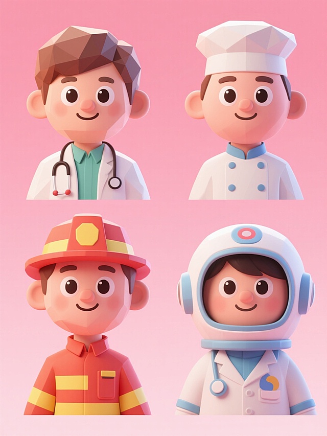 6个不同职业的卡通风格3D人物头像素材集合，保持低多边形建模、圆润边缘、哑光材质的3D渲染风格，延续柔和渐变的纯色背景，每个角色拥有大而明亮的眼睛、自然的微笑表情和细致的头发纹理，分别穿着代表医生、教师、消防员、厨师、宇航员和艺术家的职业特色服装，整体采用规整的网格排布，确保所有头像在风格、光影（柔和顶部光源，轻微阴影）、色彩和谐度（主色调为温暖粉色背景搭配角色服装的明快色彩）和构图比例上保持高度一致性，画面信息传达清晰，符合可爱、友好的设计感，适合作为系列化宣传素材使用。