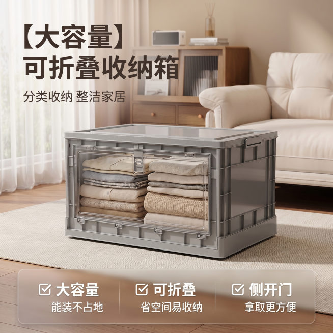 [主图 1] 灰色可折叠收纳箱首图，现代简约家居场景展示。[氛围风格] 整洁有序，温馨自然家居风，高效收纳质感。[画质] 商业摄影质感，光线柔和通透，产品清晰真实，画面干净高级。[元素] 灰色带透明可预览效果