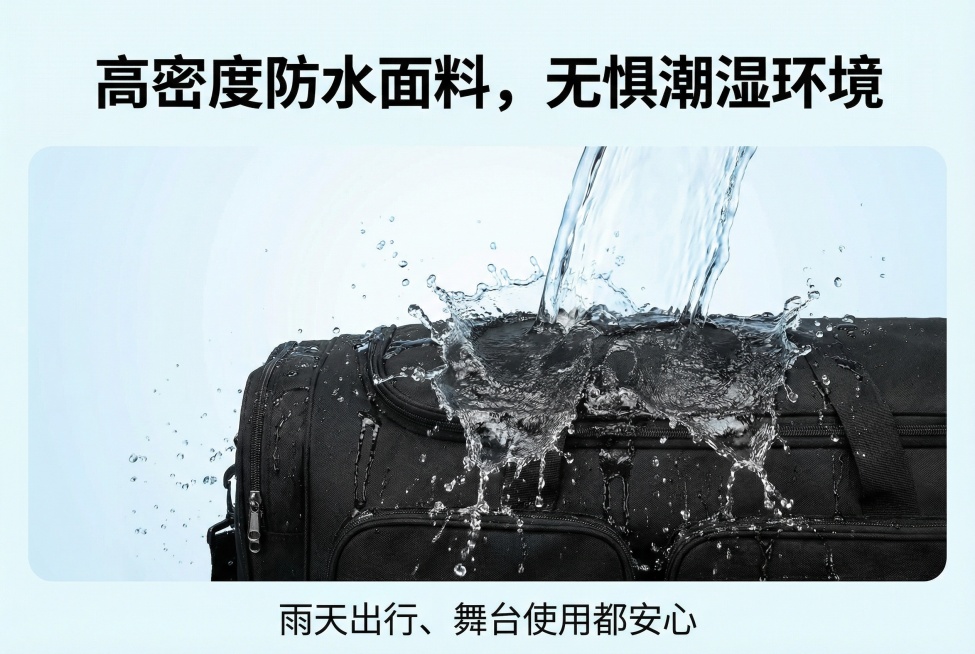 电商卖点详情图，画面展示包在泼水场景下的防水效果，上方配大字号文字卖点"高密度防水面料，无惧潮湿环境"，下方小字"雨天出行、舞台使用都安心"，使用现代无衬线字体，主色调为黑色和浅蓝，画面简洁专业，突出预览效果
