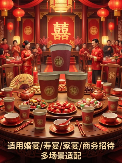 第4张竹纤维喜庆纸杯详情页场景展示页，保留原图纸杯完全不变，背景为中式婚宴/家宴场景，桌面上摆放多个同款纸杯，搭配喜糖、红色餐具等元素，营造浓厚喜庆氛围，配文案“适用婚宴/寿宴/家宴/商务招待 多场景预览效果