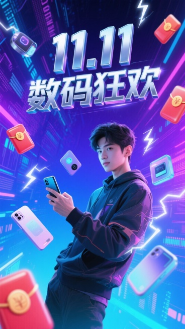 年轻人手持手机，周围悬浮着数码产品，带动态光效。蓝紫渐变数据流背景，分布红包和闪电特效。主标题立体金属字“11.11 数码狂欢”。赛博朋克风格预览效果