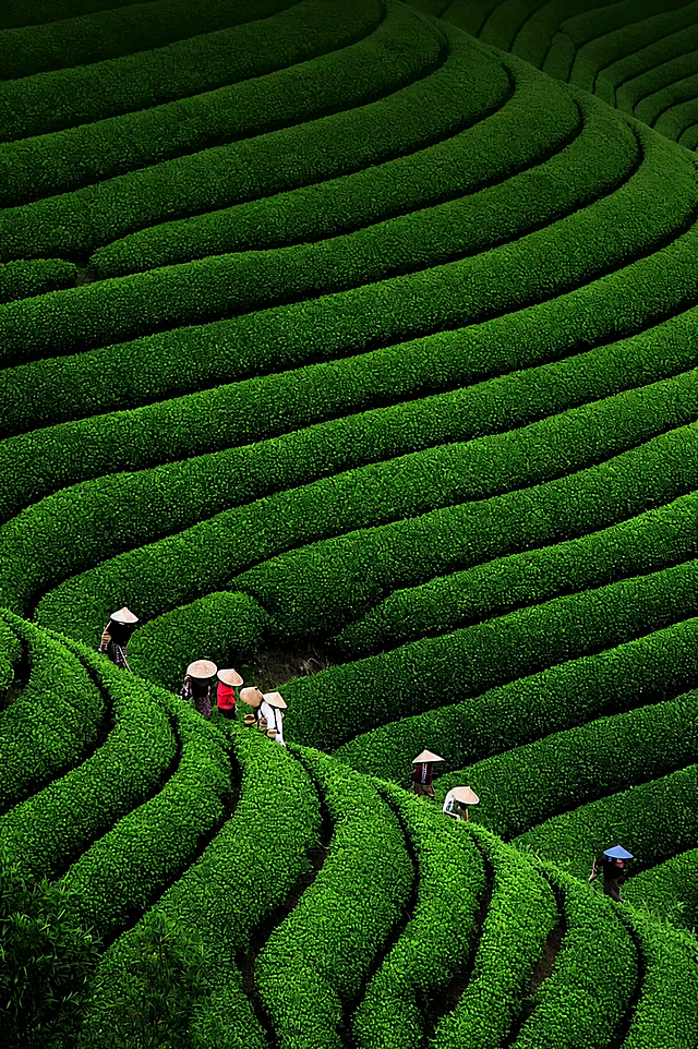 去掉图片中的所有文字，保留原本茶山和采茶人物的画面，背景保持一致