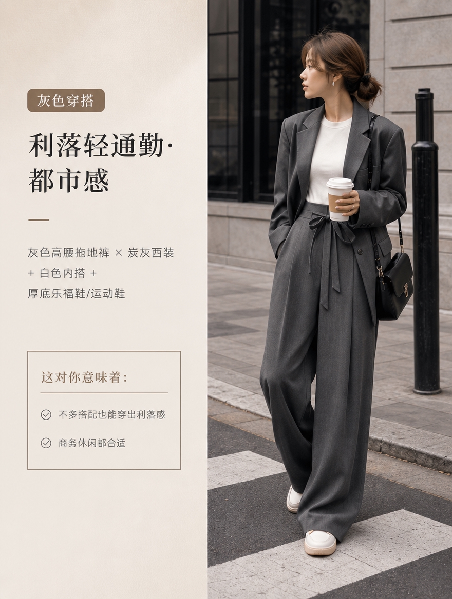 [商品] 使用【图1】灰色穿搭模块的内容结构；裤子为灰色高腰拖… - 图片创意预览