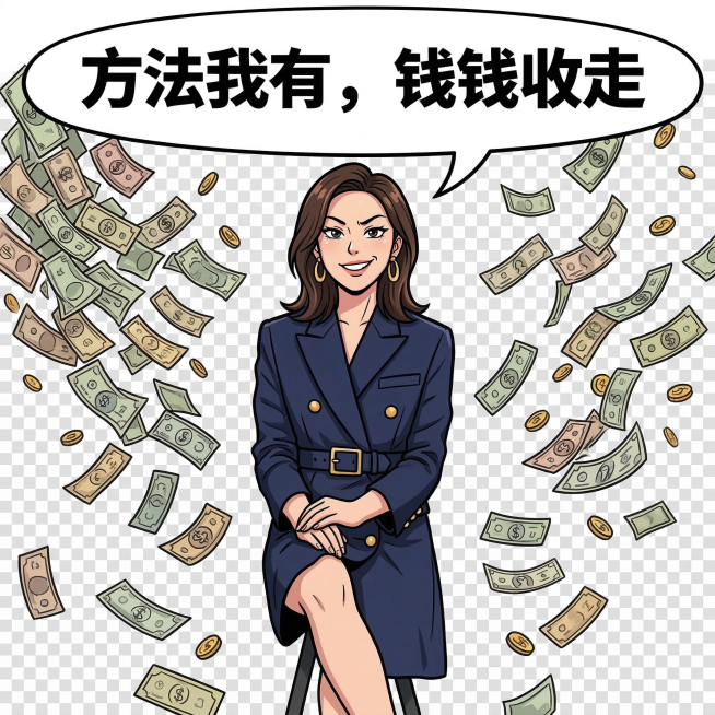 将照片转为漫画风格表情包，添加带黑色描边的白色文字“方法我有，钱钱收走”，背景添加很多钱币洒落下来的效果预览效果