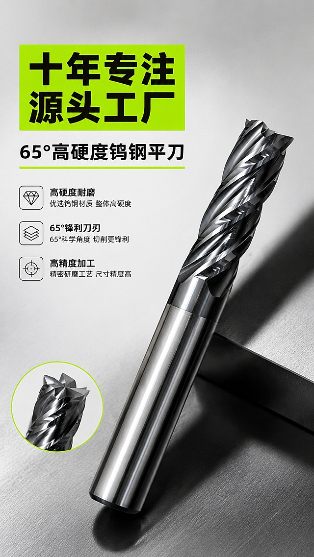 [第1屏] 详情页头图-65°钨钢平刀专业宣传海报。本屏使用【图1】作为商品主体。
[氛围/风格] 专业工业五金工具风，突出金属硬质感，光影对比强烈，商业摄影高清质感，提取参考图灰底亮绿配色风格。
[元素布局] 钨钢平刀斜向放置于画面偏右下位置，占比约65%-70%；左上角预留主标题区域，左下角增加小圆形细节窗展示刀头；刀身结构、金属质感、颜色均与图1保持一致，轮廓清晰不变形。
[光影质感] 左上侧硬光打亮刀身螺旋纹理，右下自然阴影，金属高光清晰可见，突显钨钢材质光泽。
[配色色系] 全局底色 #E8E8E8；主色深灰金属黑；辅助色荧光绿高亮块，黑色主文字。
[视角构图] 45度斜侧视角，产品为绝对视觉中心，阅读动线左上标题 → 刀身主体 → 左下细节窗。
[文字版式] 版式为左上主标题 + 右下产品 + 左下细节展示。主标题「十年专注 源头工厂」，副标题「65°高硬度钨钢平刀」，加粗黑体字左对齐；主标题使用荧光绿块底衬托，文字清晰不遮挡刀身主体。
[比例分辨率] 9:16 竖版比例，4K分辨率，文字清晰可辨，高清画质。
[负向提示词] 刀身变形，缺件错件，颜色偏差，水印，文字错乱，产品图模糊，文字过小无法辨认。