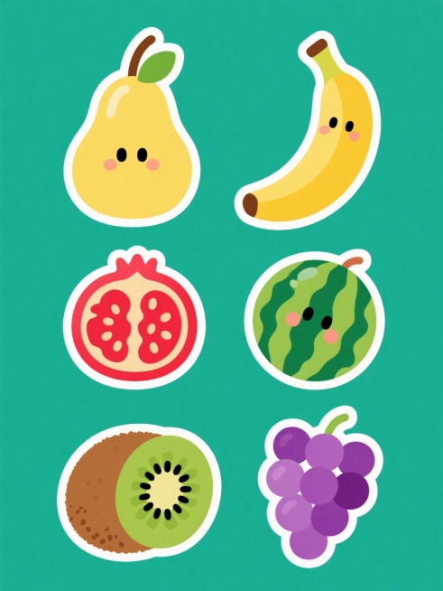 六张规整排布的水果造型图案素材，每张均为单一水果，包含梨子、香蕉、西瓜、石榴、猕猴桃、葡萄元素，整体采用明亮鲜艳的卡通扁平风格，水果造型圆润可爱，边缘清晰平滑，色彩饱和且带有均匀的渐变过渡和细微的高光点缀以增强立体感，梨子为黄色带褐色果柄和绿色叶子，香蕉为黄色带褐色尖端，西瓜为绿色外皮红色果肉带黑色种子，石榴为红色带果粒，猕猴桃为棕色带绿色果肉和黑色种子，葡萄为紫色成串，所有水果均置于纯色背景……预览效果