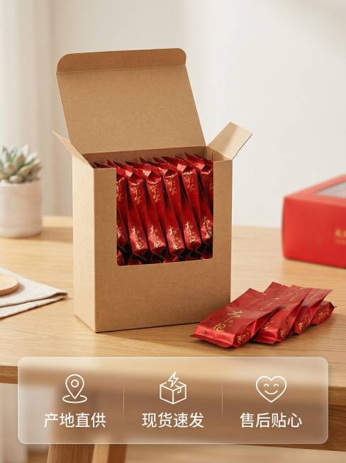 基于提供的大红袍礼盒图片，生成拼多多电商主图，舒适简约家居治愈风格，柔和暖光。画面主体为打开的大红袍礼盒，完整展示内部红色独立包装，礼盒旁摆放整齐的同款小袋包装。画面底部半透明悬浮条横向排列服务承诺：预览效果
