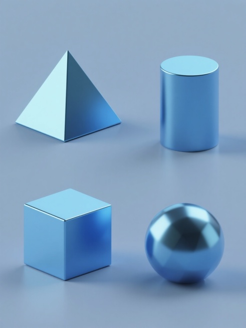 纯色背景上，4个不同基本几何立体图形的3D渲染，包含正三角形金字塔、正方体、圆柱体和球体，每个几何体均采用光滑金属质感的蓝色渐变表面，具有清晰锐利的边缘、明亮的高光和自然的阴影投射，保持与原图一致的低多边形3D风格，整体呈规整的矩形网格排布，各元素间距均匀，构图平衡对称，营造出简洁现代的设计感。预览效果