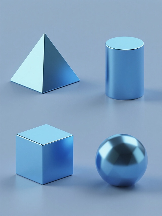 纯色背景上，4个不同基本几何立体图形的3D渲染，包含正三角形金字塔、正方体、圆柱体和球体，每个几何体均采用光滑金属质感的蓝色渐变表面，具有清晰锐利的边缘、明亮的高光和自然的阴影投射，保持与原图一致的低多边形3D风格，整体呈规整的矩形网格排布，各元素间距均匀，构图平衡对称，营造出简洁现代的设计感。