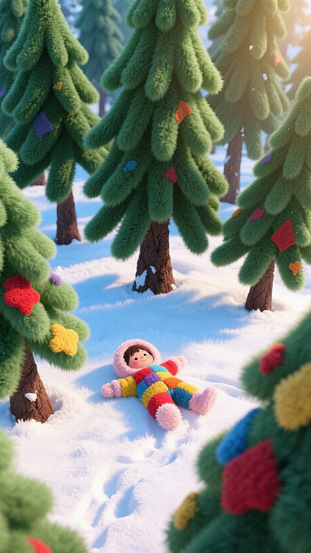 软3D风毛发生长质感，卡通童趣雪地场景，彩条玩偶躺卧松林间，梦幻温馨圣诞氛围。