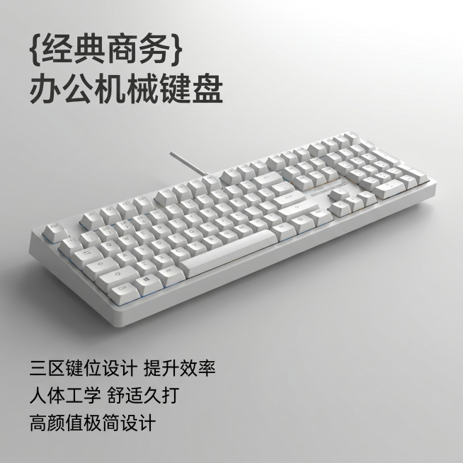 [主图 1] 经典商务办公键盘首图。
[氛围风格] 现代简约极简风，符合1688平台B端源头感，去B端化干净高级
[画质] 商业摄影质感、光线柔和通透、产品清晰真实、画面干净高级。
[元素] 浅灰白色预览效果