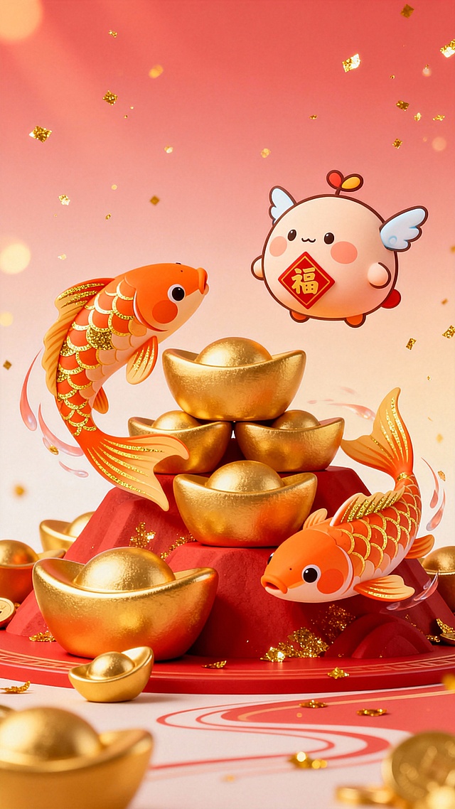 软3D风格春节贺图，卡通锦鲤跃金元宝，萌趣小福神持“福”字飞舞，鎏金元素与红金配色营造喜庆氛围，重拟物质感凸显节日吉祥寓意。