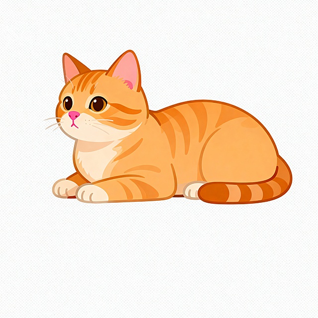 可爱卡通风格插画，一只橘猫趴着看着左边，没有描边效果，背景为纯白色