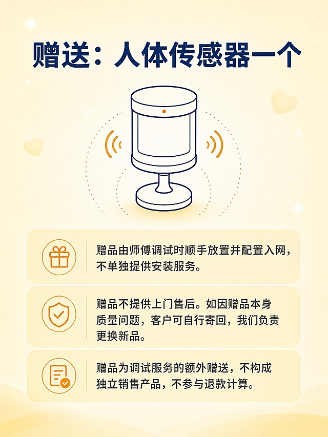 [商品] 非实物服务类商品：米家全屋智能纯调试服务，赠品为人体传感器，无实物产品图片展示，用线条图标/抽象示意图表示。
[画面] 页面目标：说明赠品内容及相关规则，传递温暖感。构图：顶部大标题+中部人体传感器线条图标+下方三段说明文字，垂直居中排列。主体占画面70%。前景区：标题+图标；中景区：说明文字；后景区：极浅黄色温暖背景。
[视觉] 套系策略：风格=赠品展示、温暖感、简洁亲切；标题字=思源黑体粗体；正文字=思源黑体常规；主色=深蓝色#1a3d6f；背景延展=极浅黄色#fff9e6暖调底，柔和渐变；强调色=暖橙色#f39c12，仅用于图标点缀；标题色=深蓝色#1a3d6f；正文色=深灰色#444444；组件=圆角浅黄信息卡、简约线条人体传感器图标、柔和光晕；光影=均匀暖光，柔和无硬阴影。
[文字] 顶部居中主标题："赠送：人体传感器一个"，深蓝色粗体大号。中部放一个简约线条风格的人体传感器抽象示意图标。下方三段说明文字：第一段："赠品由师傅调试时顺手放置并配置入网，不单独提供安装服务。" 第二段："赠品不提供上门售后。如因赠品本身质量问题，客户可自行寄回，我们负责更换新品。" 第三段："赠品为调试服务的额外赠送，不构成独立销售产品，不参与退款计算。" 底部留空，无品牌名称、无二维码、无联系方式。所有文字横向排版，字号保证手机端清晰可读。
[规格] 图片比例3:4竖版，2K分辨率，避免错字、文字过小、竖排文字、二维码、联系方式、品牌Logo、真实实物产品图片。
