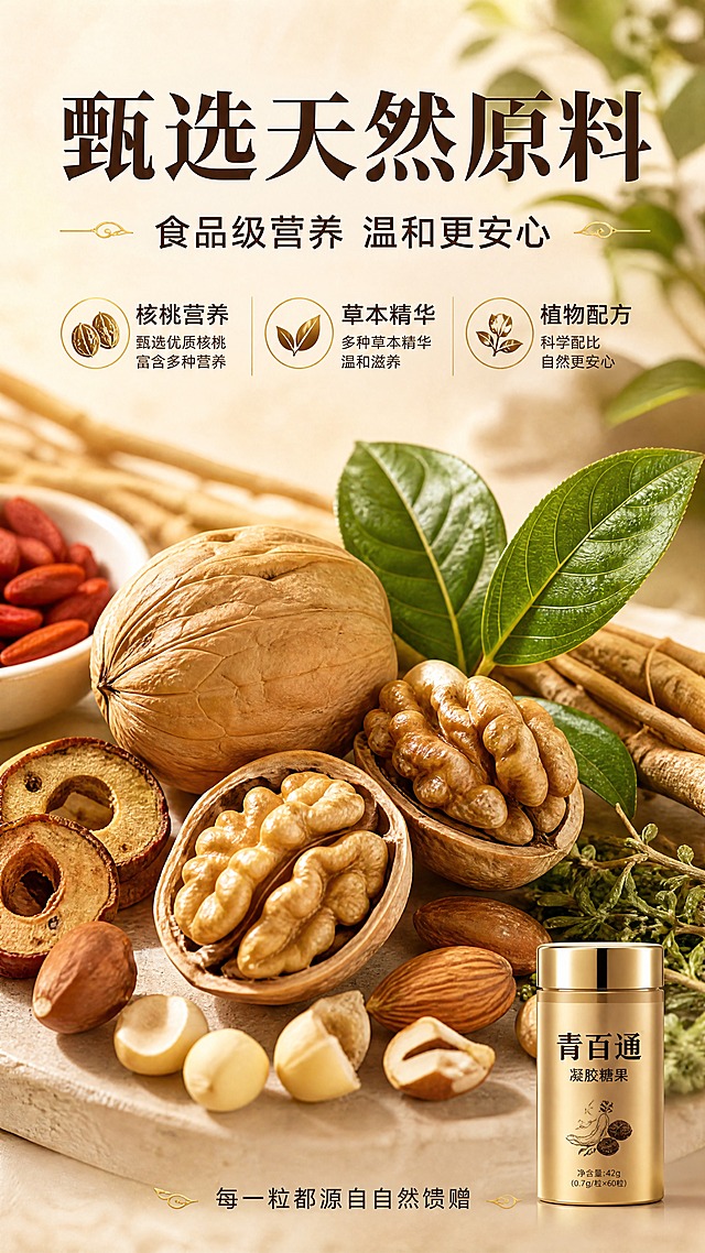 [商品] 青百通凝胶糖果成分原料专张，产品包装仅作辅助小图露出在画面角落，主画面为天然植物原料。
[画面] 第2张，成分/产地展示，目标突出天然植物原料与食品级营养信任。原料微距平铺型，主视觉为核桃、植物草本叶片、坚果等天然原料大特写，原料元素合计占画面≥55%；画面右下角小尺寸露出金色产品瓶身（参考图1瓶型）作为品牌关联；背景为暖米色纹理台面+虚化植物。前中后景：前景原料特写、中景产品小图、后景虚化植物。
[视觉] 套系策略：风格=中式温润养生高级商业摄影；标题字=粗宋黑体，厚重有力；正文字=简洁无衬线黑体；主色=金棕暖调（深棕+金+米白）；背景延展=暖米杏色渐变、细腻纸张质感、深浅同色层级；强调色=暖金色，仅用于小面积图标、引线、标签和高光；标题色=深棕褐色；正文色=中暖棕；组件=圆角胶囊卖点框、细线引线、金色图标；光影=左前侧暖柔光，原料质感真实自然。
[文字] 顶部主标题「甄选天然原料」，副标题「食品级营养 温和更安心」；中部3个原料说明点横排：核桃营养、草本精华、植物配方；底部小字「每一粒都源自自然馈赠」。文字全部横排，字号保证手机端清晰可读。
[规格] 拼多多详情页，单屏比例9:16竖版，分辨率4K，quality=medium。避免变形、错字、文字过小、冷蓝/冷灰背景、虚构医疗功效、极限词。