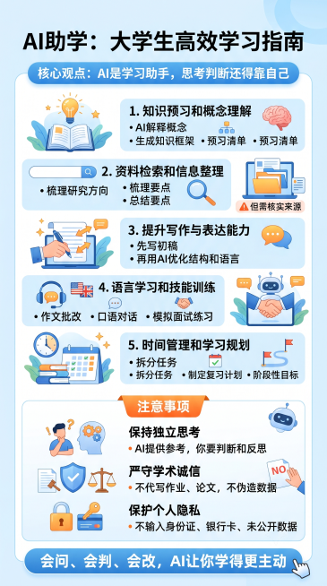 帮我生成一张信息图 信息图标题：AI助学：大学生高效学习指南 核心观点：AI是学习助手，思考判断还得靠自己 主要内容模块： AI可以 1.知识预习和概念理解：用AI解释概念、生成知识框架与预习清单 2预览效果
