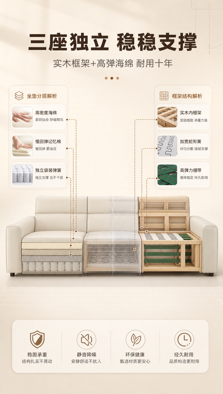 [商品] 使用【图1】米白色皮质三人位功能沙发；保留三座结构、… - 图片创意预览