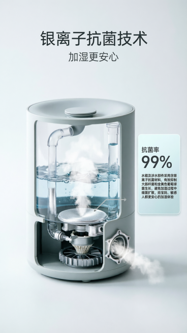 主标题"银离子抗菌技术"，副标题"加湿更安心"，米家加湿器结构剖视图，高亮标注银离子抗菌材料位置，搭配"抗菌率 99%"数据卡片，文字说明"水箱及涉水部件采用含银离子抗菌材料，有效抑制大肠杆菌和金黄色预览效果