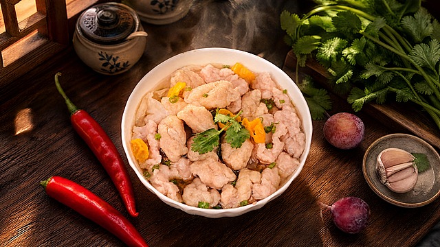 肉片汤碗严格参照上传产品图，完整保留碗的造型、汤品、肉片、香菜、黄辣椒、葱花、红辣椒、小果子等所有可见组件、轮廓形状、结构、比例、材质质感、颜色与原图完全一致，自然融入新场景光影。
新中式厨房桌面场景，暖棕木色调，温馨烟火气氛围。
背景为深胡桃木台面，左上角隐约可见中式陶瓷调料罐与木质窗格一角，右侧搭配新鲜香菜束与蒜瓣小陶碗，蒸汽升腾感。
暖调午后侧光，产品受光面泛起暖棕色、暗部映射深木色光晕，与环境物理融合。
保持原图视角和构图不变，产品位置居中。
4K分辨率，严格锁定宽高比与原图一致。