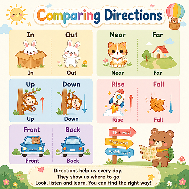 英语启蒙海报，主题是Comparing Directions，儿童绘本风格，包含里面In与外面Out、近Near与远Far、上Up与下Down、上升Rise与下降Fall、前Front与后Back这些方向词组，每对方向搭配对应可爱卡通图形和英语单词标签，海报底部写一段关于方向的简单英语句子，整体色彩柔和明亮，画风软萌童趣，适合低龄儿童学习，文字清晰易读