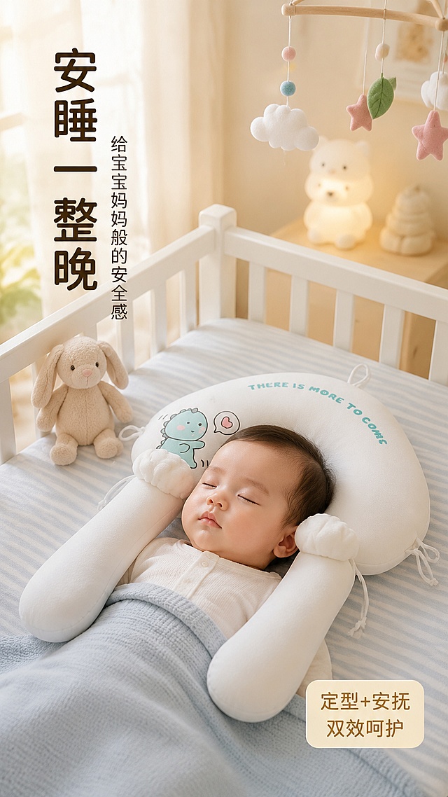 [第2屏] 婴儿定型安抚枕场景种草图——婴儿床温馨安睡场景。本屏使用【图1】中白色卡通款枕头作为产品主体，保持产品结构外观一致。
[氛围/风格] 温馨治愈母婴场景风，柔和自然光，真实婴儿房氛围，商业摄影质感。
[元素布局] 画面中央是一张白色婴儿床，床上铺着浅蓝条纹床单，宝宝（仅展示头部和肩部，亚洲婴儿，安详睡姿）枕在白色款定型枕上；枕头位于画面中心偏下，占比约40%；婴儿床周围有毛绒玩具、小夜灯、挂铃等装饰；背景是浅米色墙面和柔和窗帘，窗外有晨光透入。
[光影质感] 左侧窗边自然光漫射，暖调柔和光线，婴儿脸部和枕头有自然光影过渡，整体温暖宁静。
[配色色系] 全局底色 #FFF5E6（暖米黄）；主色奶白+浅蓝；辅助色浅粉、浅绿点缀。
[视角构图] 侧面45度视角，中景构图，焦点在宝宝和枕头上，背景轻微虚化。
[文字版式] 左上角竖排主标题「安睡一整晚」，圆润软黑体，深棕色；副标题「给宝宝妈妈般的安全感」在主标题下方；右下角圆角标签「定型+安抚 双效呵护」；文字不遮挡宝宝和枕头。
[比例分辨率] 9:16竖版比例，4K分辨率，文字清晰可辨，高清画质。
[负向提示词] 产品变形，结构错误，颜色偏差，水印，文字错乱，文字过小，宝宝面部模糊，场景杂乱，成人出现。