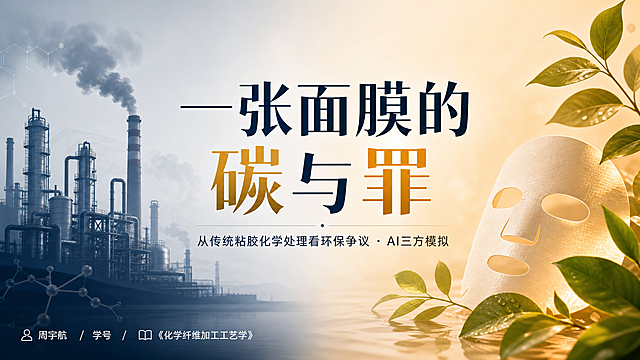 16:9比例PPT封面页面，大标题文字"一张面膜的碳与罪"，副标题文字"从传统粘胶化学处理看环保争议 · AI三方模拟"，左下角小字文字"周宇航 / 学号 / 《化学纤维加工工艺学》"。视觉设计：冷暖对比，左侧工厂冷色调剪影，右侧面膜搭配树叶暖色调，中间大标题使用亮色突出显示，简约学术风设计。