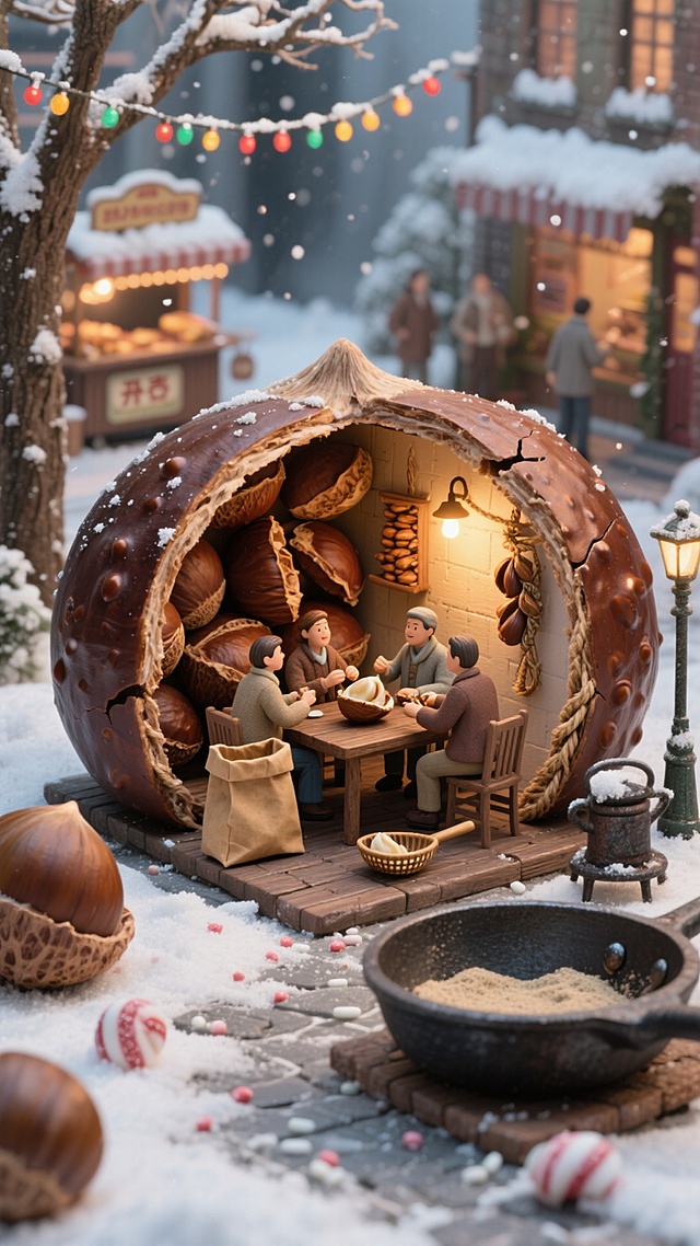 主视觉：深棕色栗子壳造型的巨型空间，外壳有凸起的纹路，一侧有裂开的 “开口”，透出暖棕光，仿佛藏着饱满的栗子肉。
内部场景：暖光模拟炒栗子的温度，一家人围坐木桌剥栗子，桌上放着牛皮纸袋与小簸箕，墙面挂着麻绳串起的栗子壳，角落放着老式铸铁炒锅，里面还有残留的细沙。
外部环境：空间外是覆雪的街头，地面散落巨型栗子壳、糖粒造型装饰，背景是挂着彩灯的栗子树与冒着热气的小吃摊，雪花落在栗子 “外壳” 上，沾着细碎的糖霜。