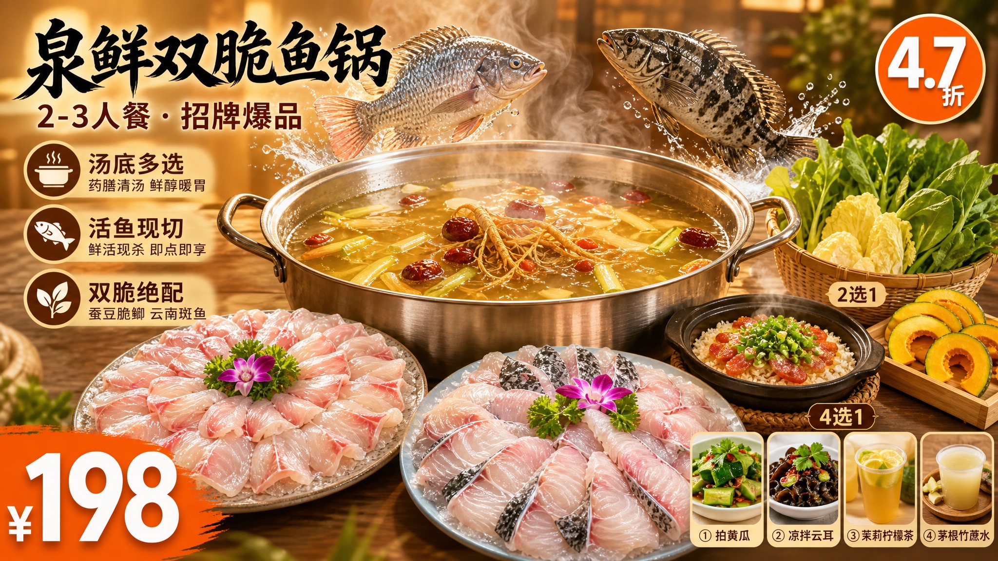 美团餐饮团购横版头图，16:9比例，暖色调温馨餐饮风格。画面中… - 图片创意预览