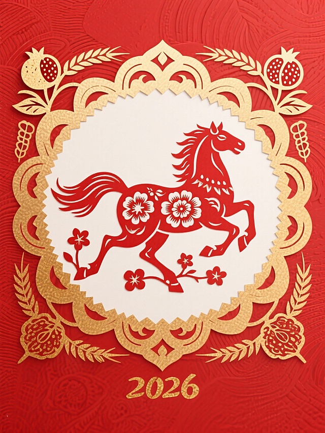 主体是红色侧身疾驰奔马（搭配牡丹花纹，鬃毛与马尾随风飘动，蹄边花瓣飞舞），位于传统宝相花边框中央，四角装饰石榴、麦穗等吉祥元素，融入烫金质感细节。背景为有纹理的正红色，下方点缀金色 “2026” 字样