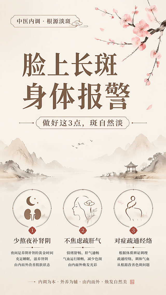 中式简约养生科普海报，9:16竖版，整体风格自然简约，中式禅意。主标题文字"脸上长斑 身体报警"，副标题文字"做好这3点，斑自然淡"，左上角装饰文字"中医内调 · 根源淡斑"，下方三个卖点分别是：1. 少熬夜补肾阴 2. 不焦虑疏肝气 3. 对症疏通经络。背景采用浅米色渐变，搭配淡淡的水墨梅花和写意山水线条作为装饰，整体干净舒服，排版精美，文字清晰可读，保留安全边距，色调柔和雅致。