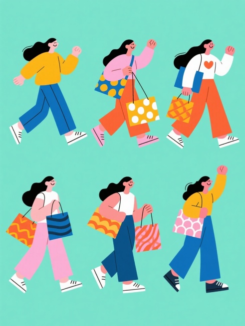 一组六个造型各异的扁平风格插画人物，每个都保持长发女性、宽松上衣、阔腿裤和运动鞋的核心元素，姿态各不相同，有的大步流星，有的手舞足蹈，有的侧身微笑，有的手提肩扛，有的怀抱多个购物袋，有的做出兴奋欢呼状，每个人物都背着或提着设计独特、图案各异的购物袋，生动表现出对购物的高涨热情，整体采用纯色背景，每个角色拥有完全不同的整体配色方案，所有元素规整排布在同一画面中，线条简洁流畅，色彩鲜明饱和，保持一……预览效果