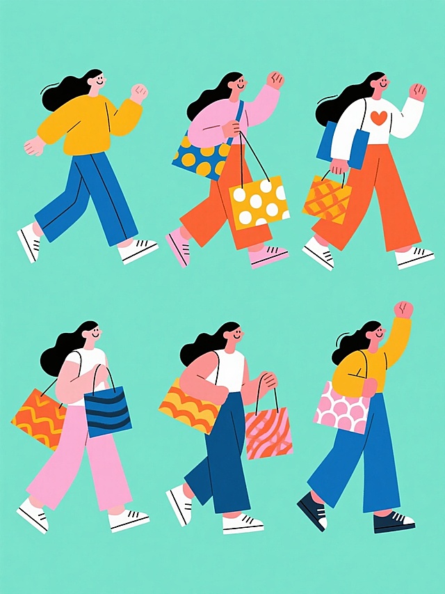 一组六个造型各异的扁平风格插画人物，每个都保持长发女性、宽松上衣、阔腿裤和运动鞋的核心元素，姿态各不相同，有的大步流星，有的手舞足蹈，有的侧身微笑，有的手提肩扛，有的怀抱多个购物袋，有的做出兴奋欢呼状，每个人物都背着或提着设计独特、图案各异的购物袋，生动表现出对购物的高涨热情，整体采用纯色背景，每个角色拥有完全不同的整体配色方案，所有元素规整排布在同一画面中，线条简洁流畅，色彩鲜明饱和，保持一致的现代简约插画风格，视觉上充满活力与欢快氛围。