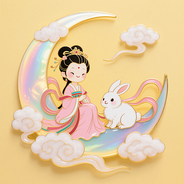 可爱的Q版嫦娥和玉兔坐在月亮上，周围祥云环绕，淡黄色背景