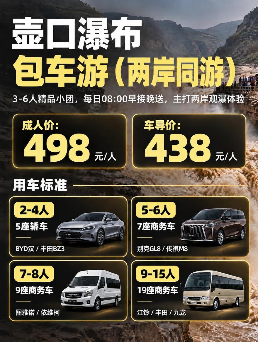 基于这张壶口瀑布海报，将标题中的"一日游"修改为"包车游"，完… - 图片创意预览