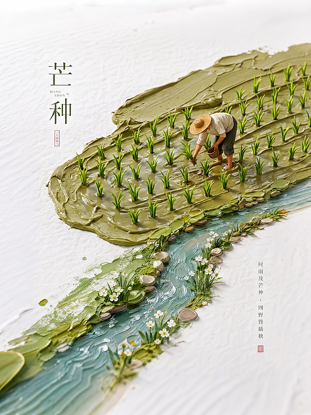 上面黄色的小麦部分换成农民在插秧