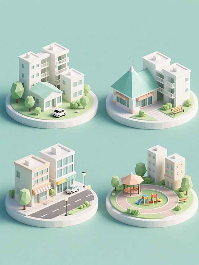 纯色背景下，四个不同造型的社区元素内容系列素材集合规整排布，每个元素均保持统一的3D低多边形立体风格，使用白色与浅绿色为主色调，搭配柔和的高光与轻微阴影，呈现出圆润光滑的质感。第一个元素为多层住宅楼与小型公寓楼组合，周围环绕圆形树木和一辆小汽车；第二个元素是社区中心建筑，包含尖顶活动房与带阳台的居民楼，点缀低矮灌木和长椅；第三个元素展示商业街场景，由商铺门面、写字楼和停车场组成，配有路灯和行道树；第四个元素为公园与住宅区结合，包含儿童游乐设施、凉亭、环形步道及不同高度的居民楼，整体构图采用圆形基座承载，各元素布局均衡，视觉层次分明，色彩和谐统一，体现温馨宜居的社区氛围。