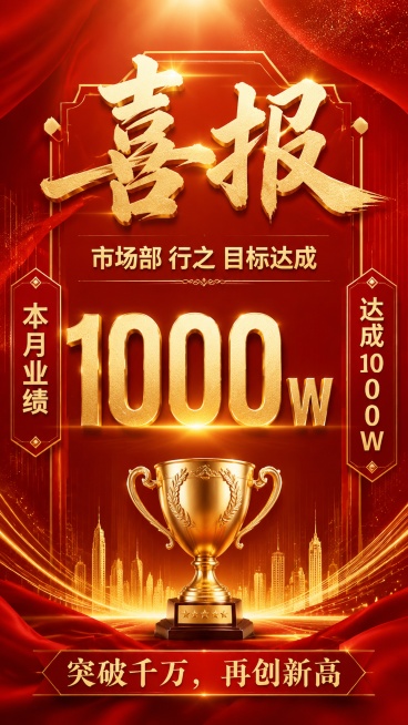 喜庆热烈红金商务风喜报海报，版式精美，居中大标题，顶部金色大字写"喜报"，副标题写"市场部 行之 目标达成"，底部装饰文案写"突破千万，再创新高"，左侧信息标签写"本月业绩"，右侧信息标签写"达成10预览效果
