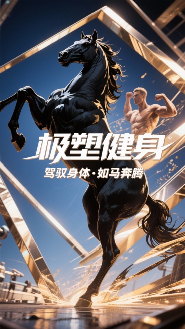 店名：极塑健身，健身房活动海报，里面有马的元素预览效果