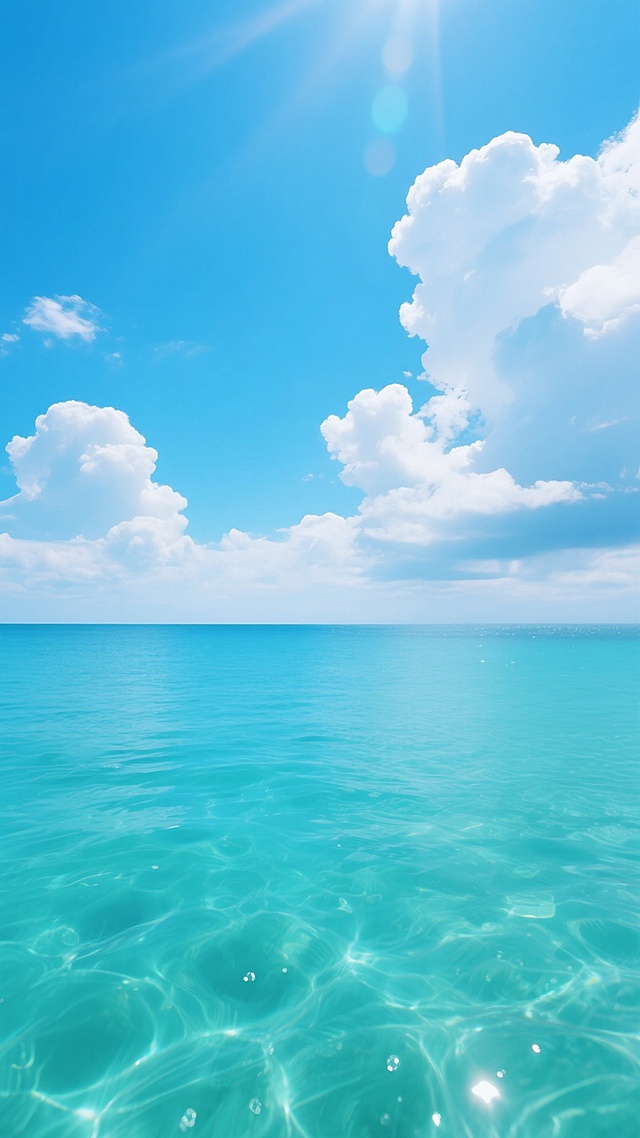 一片纯净无垢的广阔海洋，海水呈现出由近及远逐渐加深的透亮蓝绿色，清澈见底，能看到水下隐约的光影波动和细小的气泡。天空湛蓝如宝石，漂浮着形态各异的白色云朵，部分云朵边缘泛着淡淡的光晕，阳光明媚，光线充足，整个画面营造出宁静、开阔、清新自然的氛围，没有任何水印和文字干扰。