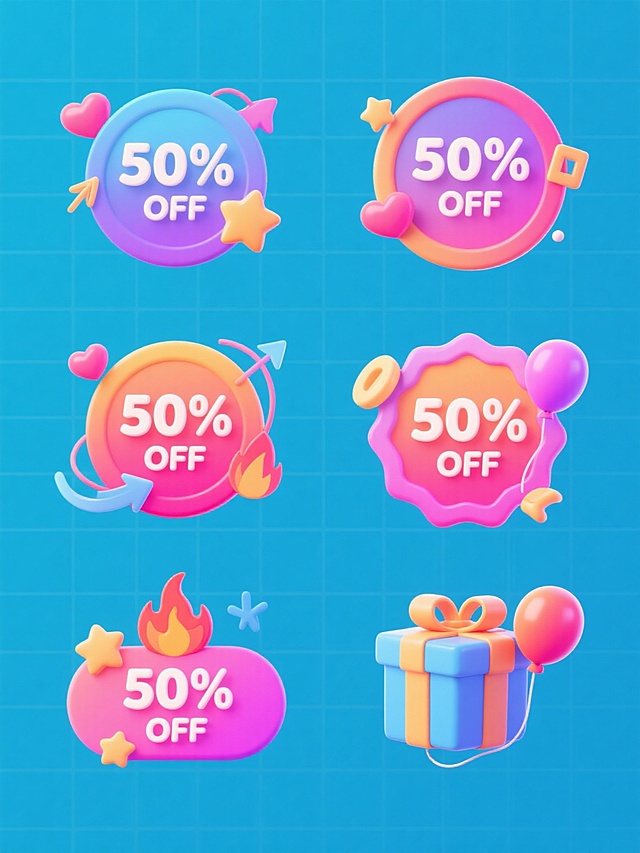 6个不同造型的50%折扣促销标签系列素材，保持3D立体渐变风格，圆润边缘，高饱和度色彩搭配，每个标签包含百分比数字和OFF文字，周围环绕不同创意装饰元素（如爱心、星星、箭头、火焰、礼物盒、气球），纯色背景，规整网格排布，整体呈现欢快活泼的促销氛围，统一光影效果，细节丰富，设计感强。