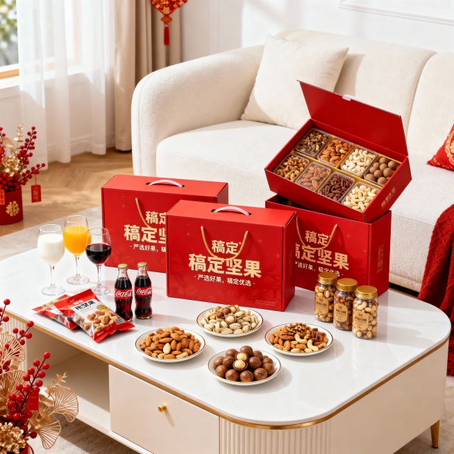 真实摄影图像，客厅室内空间，奶油风，客厅茶几上摆放着坚果礼盒组合，坚果礼盒有三种样式，这三个坚果礼盒在视觉中心并形成前后错开放置，右侧有一个礼盒呈打开的姿势，并向镜头倾斜，展示礼盒内部样貌，茶几左侧，预览效果