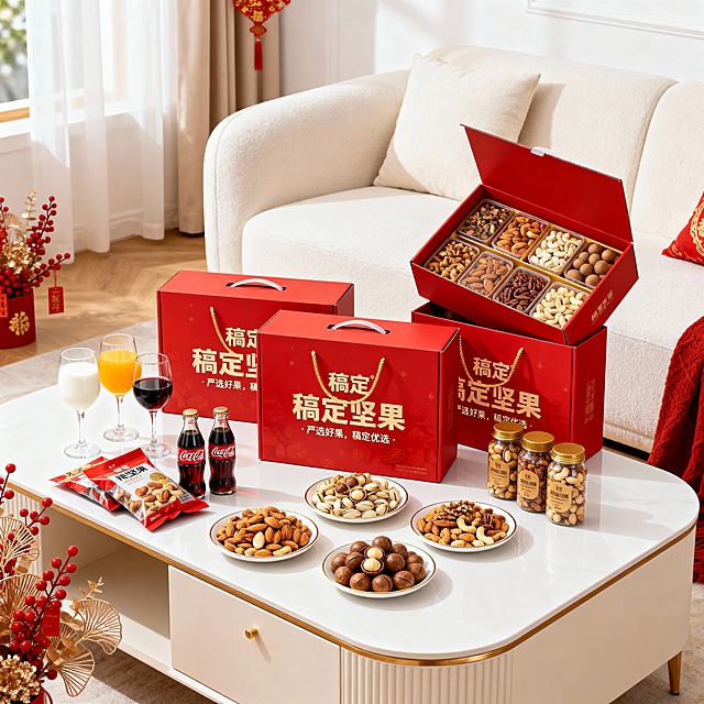 真实摄影图像，客厅室内空间，奶油风，客厅茶几上摆放着坚果礼盒组合，坚果礼盒有三种样式，这三个坚果礼盒在视觉中心并形成前后错开放置，右侧有一个礼盒呈打开的姿势，并向镜头倾斜，展示礼盒内部样貌，茶几左侧，礼盒前侧放置几杯大小不一的红酒杯，里面是牛奶、橙汁、可乐。视觉中心礼盒前面是五六盘尺寸大小不一坚果盘。坚果盘紧凑在一起，茶几上还有包装好的坚果袋、三四瓶玻璃瓶装的坚果。茶几上的东西布局紧凑，丰富饱满。
新春装饰环绕烘托氛围，视觉热闹且突出产品。色彩：正红 + 鎏金 + 坚果暖棕为主，色调偏暖白。风格：新春集市 + 超市促销风，元素质感饱满（年货包装细节、装饰元素光泽、背景氛围）。画面背景虚化。坚果礼盒为正红色。拍摄角度：低角度，以坚果礼盒为视觉中心。背景提亮，背景虚化。
商品名称稿定坚果，商品品牌为稿定，商品宣传为严选好果，稿定优选）；包装盒只保留品牌名和品牌名称和宣传语，画面干净整洁。整个画面布局紧凑，丰富饱满