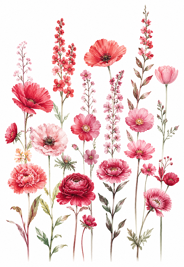 参考原图的竖幅构图，重新设计插画风格花卉图，多株清晰的大花朵向上生长的姿态，花朵整体为红色系列，包含深红、玫红、粉红、浅红等层次，花瓣清晰细致，纹理精致，颜色搭配清新协调，保留纯白色背景，水彩插画风格，画面干净唯美，花朵形态优美好看